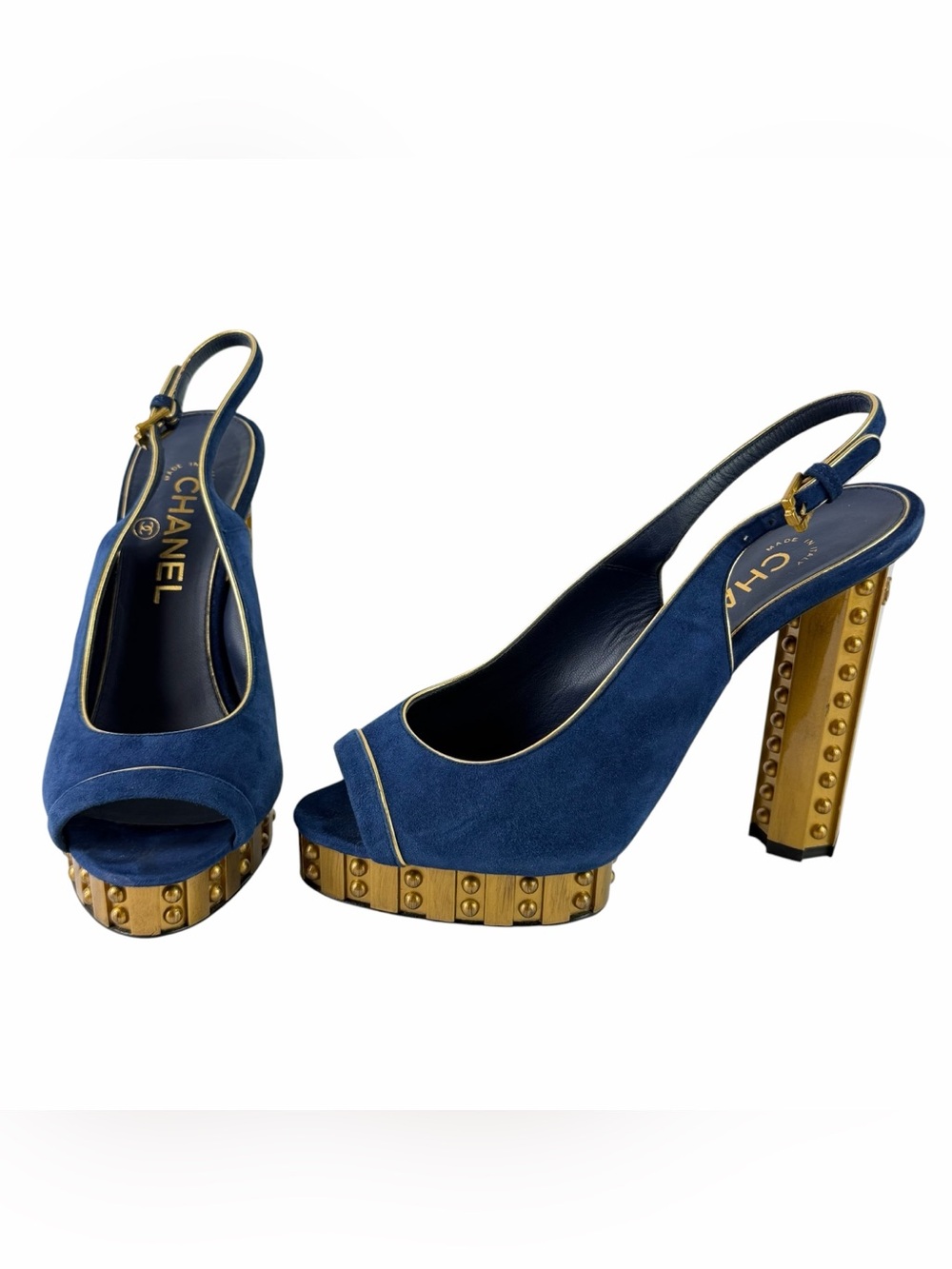 CHANEL Blue Suede Slingback Heels Gold-Studded Accent Pumps Made in Italy 37-7US